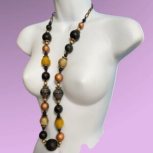 Chunky Boho Wood Glass Fabric Textured Beads Long Over-The-Head Style